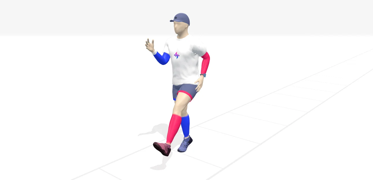 The Athlete24 runner mid B-skip, lower leg unfolding before pawing back